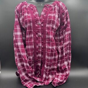Kate‎ & Sam XXL Plaid Top Burgundy White Long Sleeve Button Down Blouse